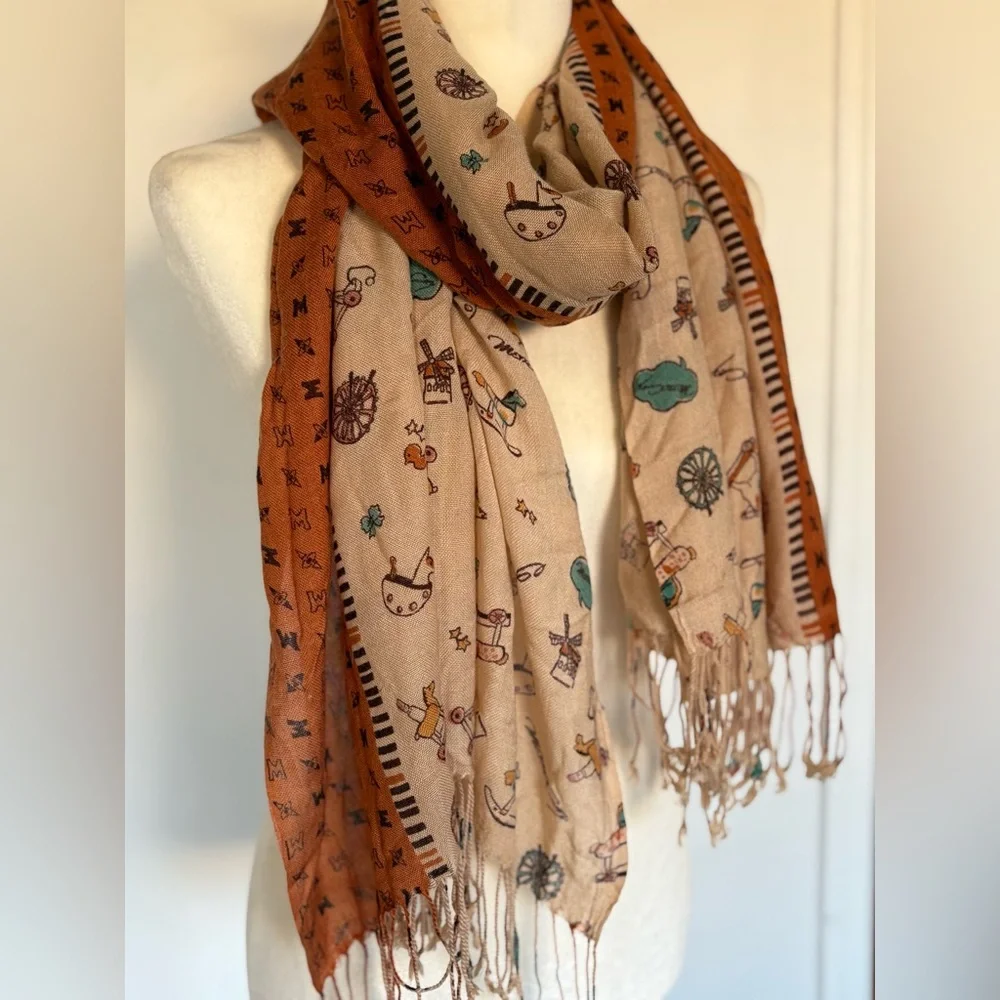 Metrocity Eclectic Patterned Scarf in Brown and Orange Tasseled One Size